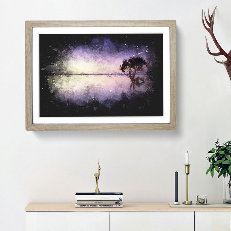 Tree Alone During a Purple Sunset - Picture Frame Graphic Art Print, 24cm H x 33cm W x 2cm D, Oak Framed