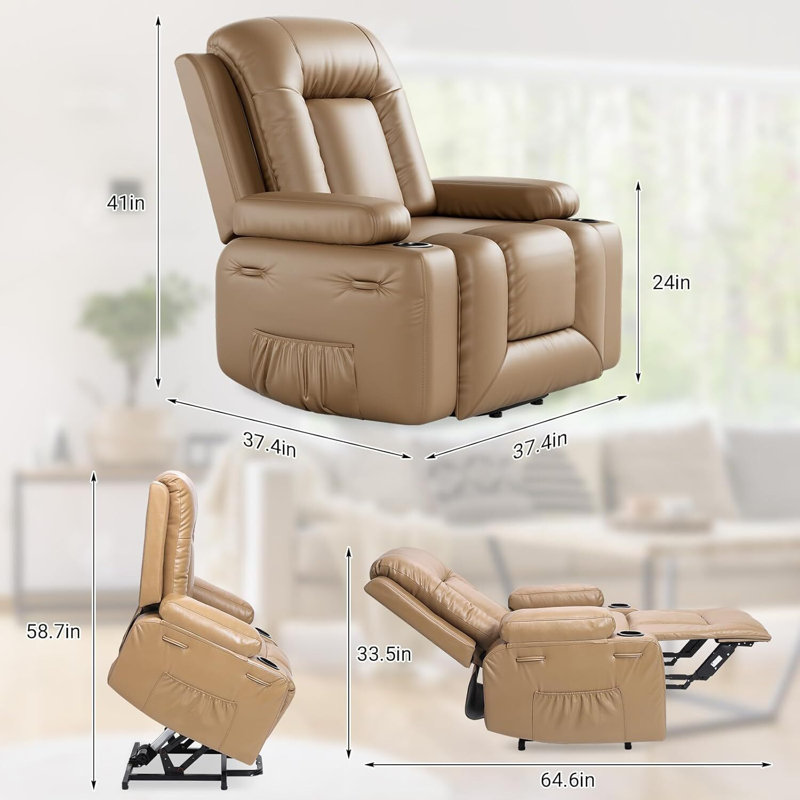 Adjustable Reclining Chair for Elderly with Cup Holders, Side Pockets, and USB Port, Tan