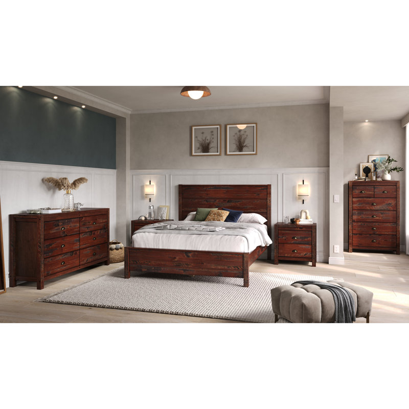 Ensemble de 5 articles pour chambre à coucher, un grand lit, une commode double, une commode et deux tables de chevet Hibir
