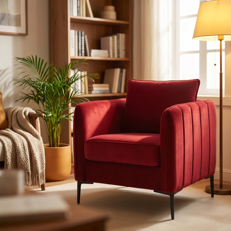 Fauteuil d'appoint en velours de style Mid-Century avec coussins, pieds rouges en métal pour salon, chambre à coucher et bureau