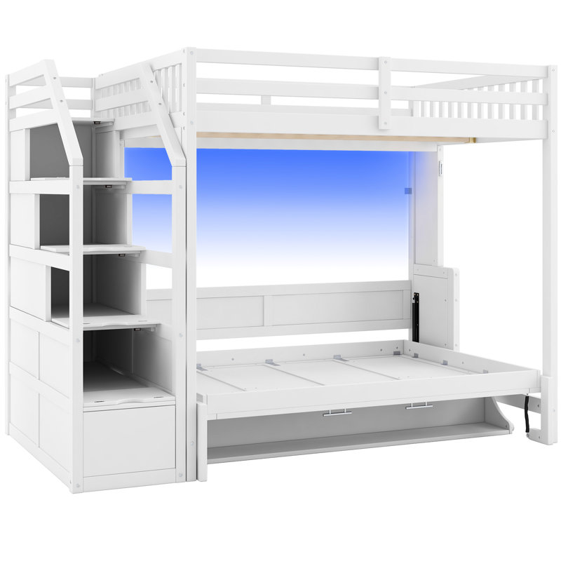 Full Xl White Loft Bed With Functional Storage Staircase, Bed, Led , And Pine & Structure Featuring Foldable High - Capacity