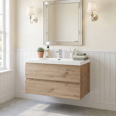 Meuble-lavabo mural en mélamine de bois de 76 cm (30 po), aspect bois naturel, surface résistante à l'usure, antiégratignures et non poreuse facile à nettoyer, préassemblé