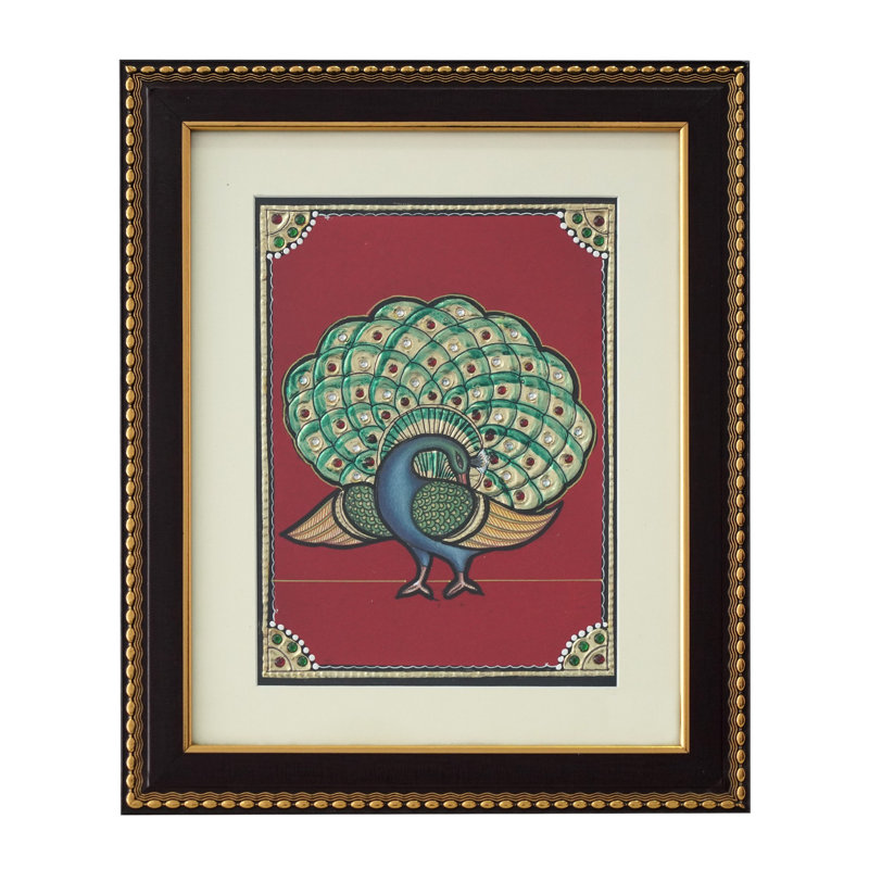 Ailes en forme de paon | Couleur traditionnelle avec or 24 carats | Tanjore, peinture avec cadre
