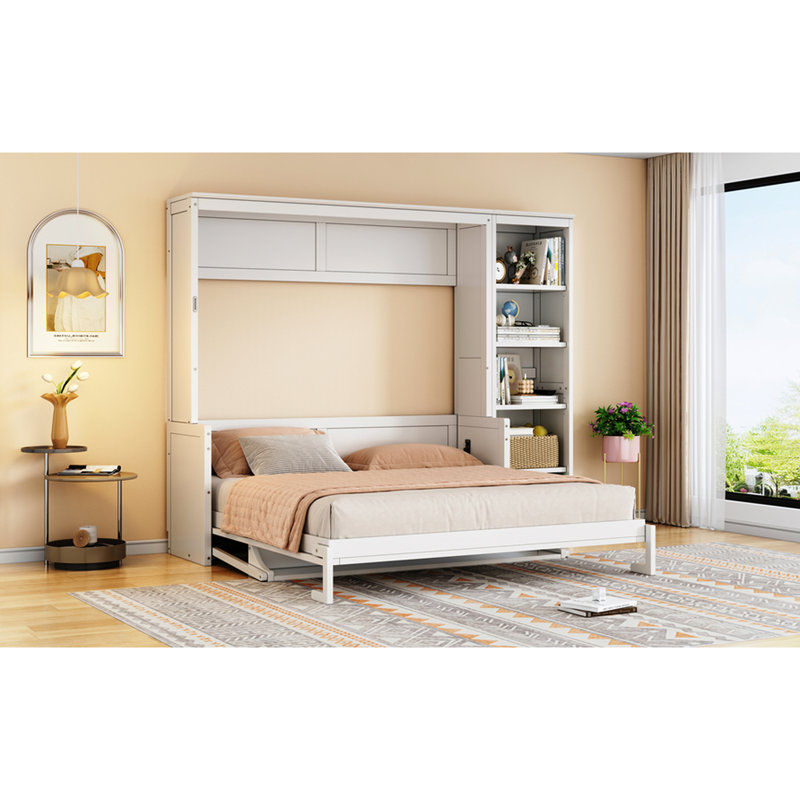 Grand lit blanc avec bureau et tablettes de rangement pour livres, bois de pin de qualité, rangement pour la vie en chalet avec rangement, espaces Loft Solution