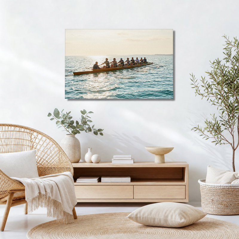 Tableau mural sur toile représentant un équipage de huit rameurs sur une eau dorée, H 18 po x l 24 po