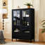 Armoire à DEL avec deux tiroirs, porte en verre trempé de 60 po de hauteur, vitrine moderne noire pour salon, haute