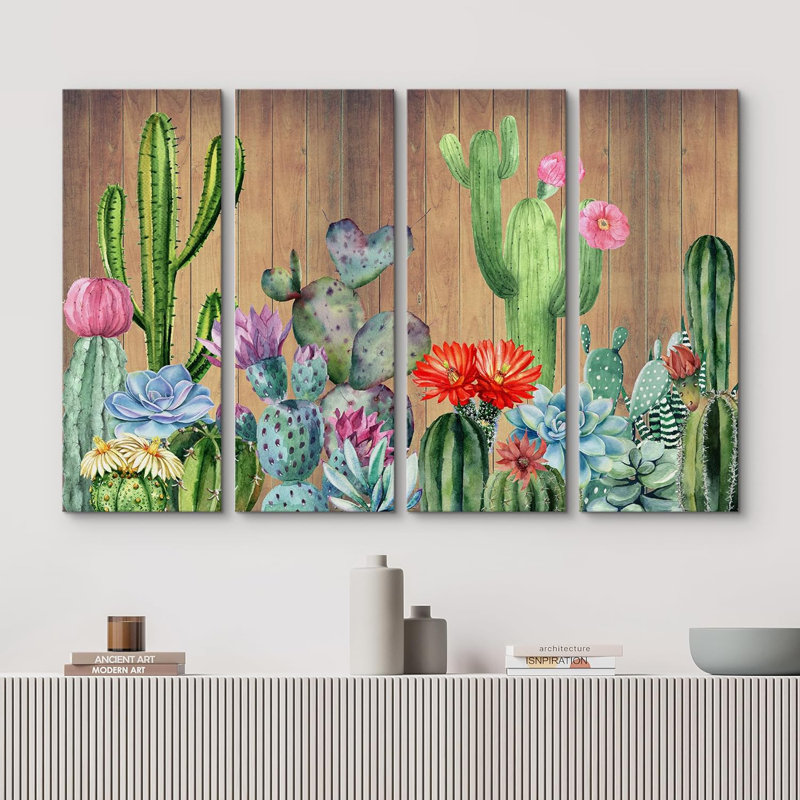 Aquarelle, art du sud-ouest, Saguaro, désert occidental, cactus sur toile, 4 pièces, grand art mural