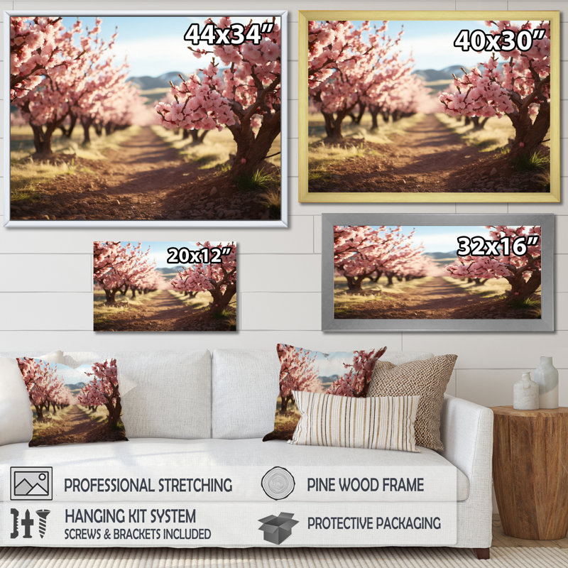 «Pink Cherry Blossom Field I», reproduction sur toile, H 12 po x l 20 po x P 1 po, Cadre flottant blanc