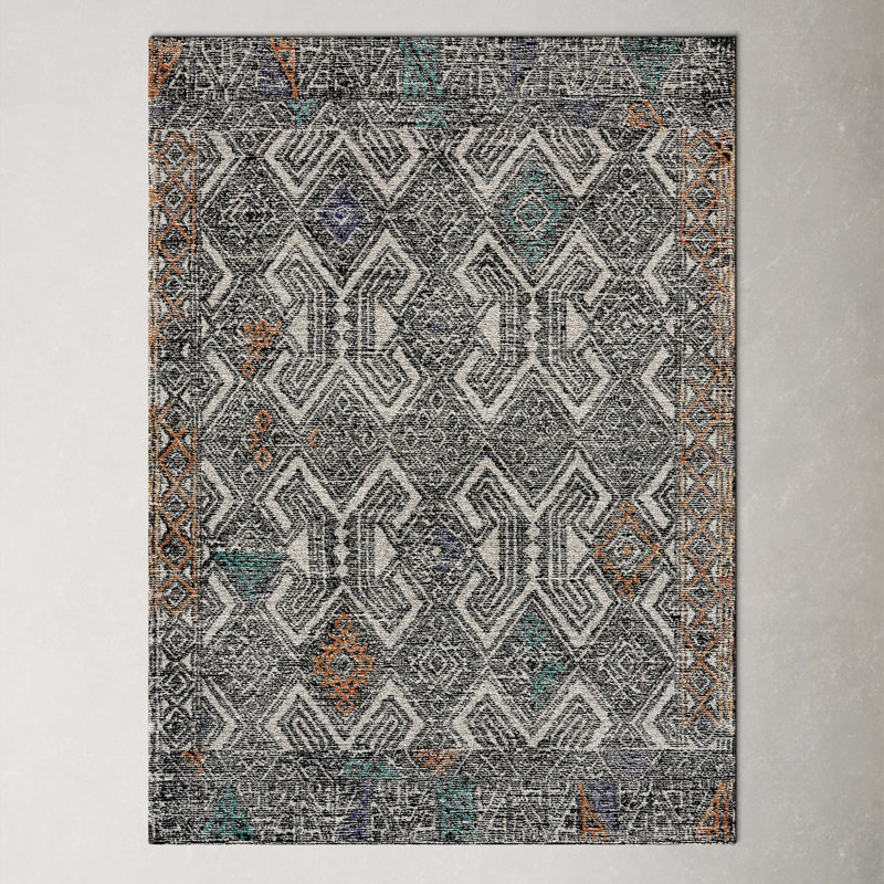 Eliel Geometric Hand Tufted Black/White/Orange Area Rug, Rectangle 2' x 3'