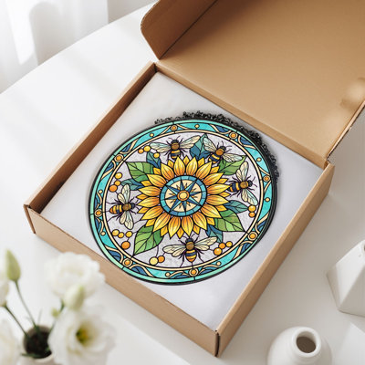 Bee Sunflower Stained Glass Window Panel，12"H