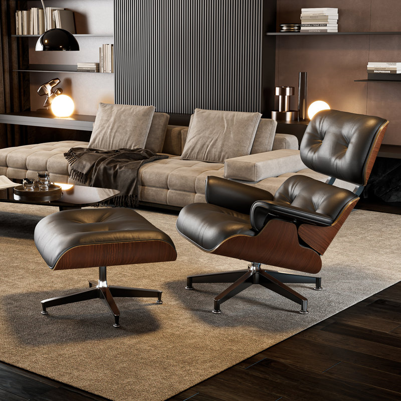 Méridienne Mid-Century en cuir véritable avec repose-pieds, structure en bois massif, pieds en aluminium robuste, mousse à mémoire de forme