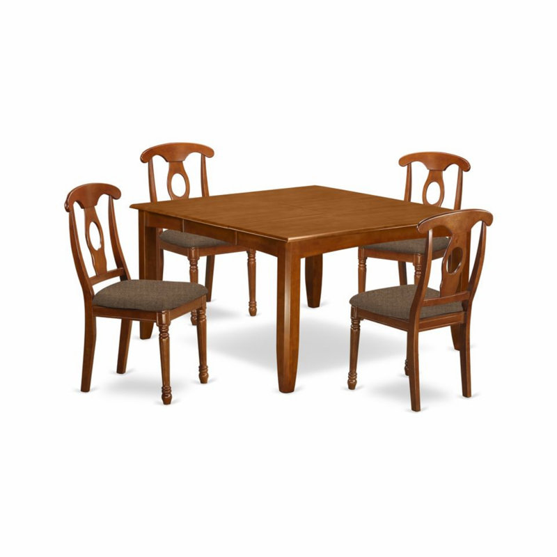 Square Saddle Brown Finish Solid Wood Top Dining table with Chairs with Lattice Back, 5 Pieces: 1 Table, 4 Chairs