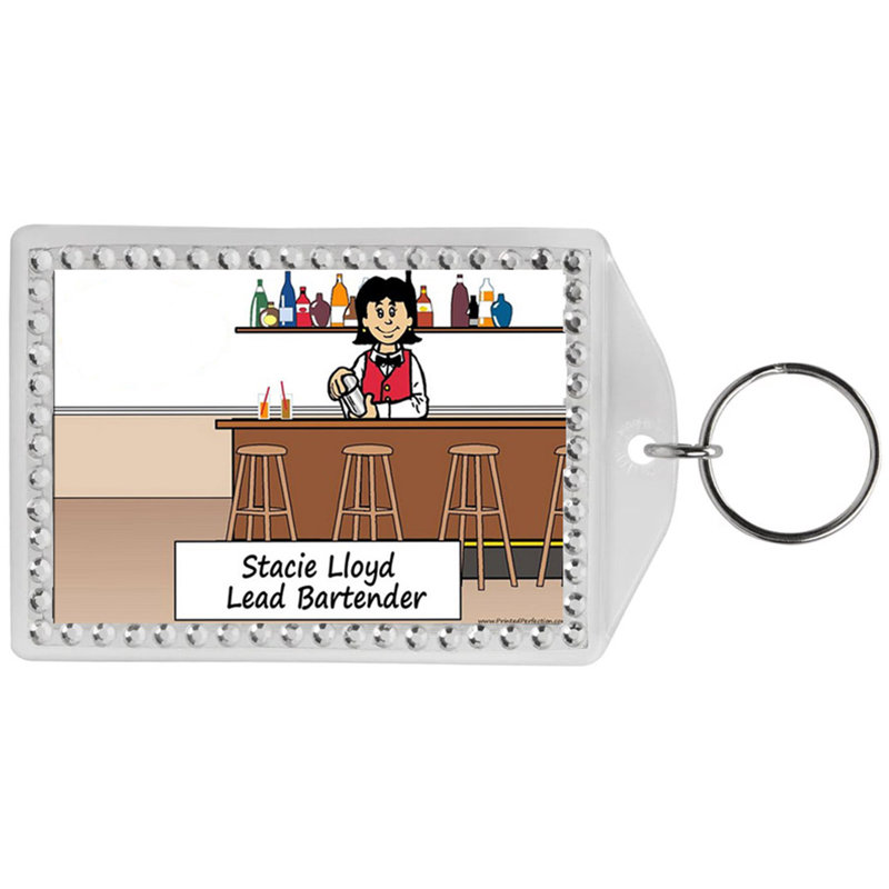 Personalized Name That Toon Bartender - Female Rhinestone Bordered Key Chain, Yes