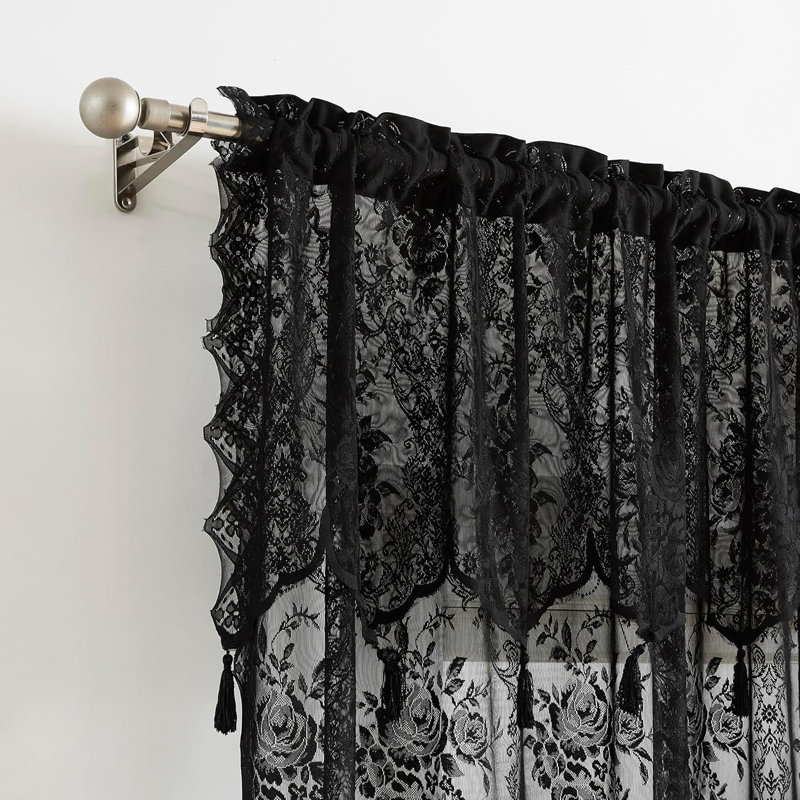 Rosdorf Park Pair Of 2 Sheer Lace Curtain Panels with Attached Matching Valance With 6 Tassels., 54" W x 96" L, Black