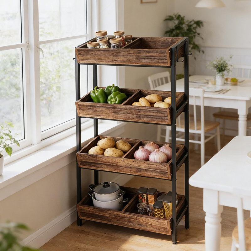 Organisateur de rangement en bois stable, support à légumes avec support à vin, capacité de 8 bacs pour la cuisine et le marché