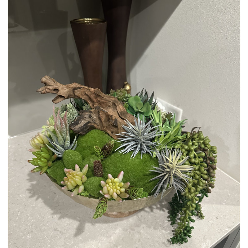 Conception succulente sur vase circulaire en métal et bois | Faux arrangement unique | Décoration de table