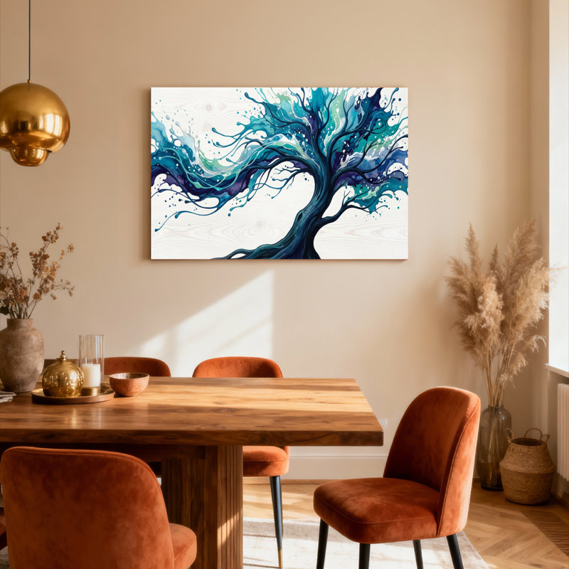 Ensemble de 1 tableau abstrait bleu représentant un arbre aquatique sur toile tendue, H 12 po x l 18 po