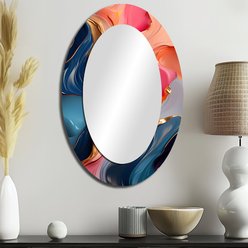 Pink And Gold Liquid Ink Abstraction VI - Pink Oval Wall Mirror Decor, 36" x 24"