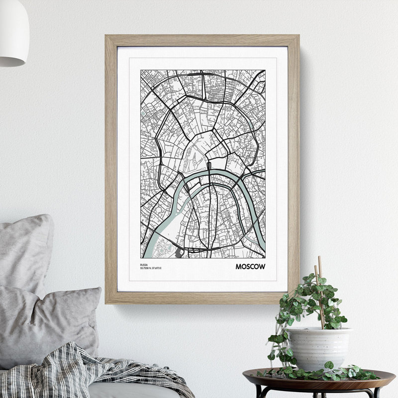 Map Moscow Russia - Picture Frame Graphic Art, Oak, 65cm H x 48cm W x 2cm D
