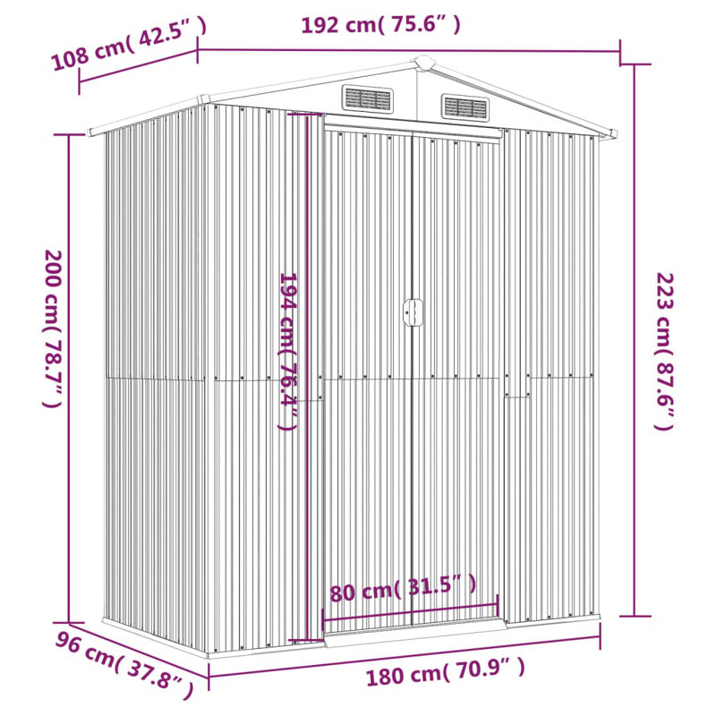 Galvanised Steel Apex Garden Shed, 223cm H X 192cm W X 108cm D, Green