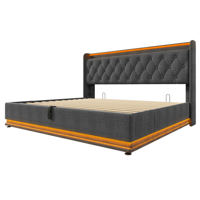 Upholstered Bed, 360 Surround LED Function, Buttons/Apps/Remote Control, Hydraulic Storage Bed With USB Type-C Charging(Without Mattress)