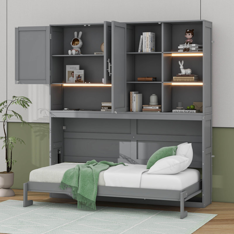 Lit escamotable mural simple avec armoire supérieure, tablettes, lumière et USB, gris