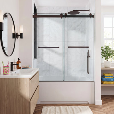 Porte de douche coulissante double sans cadre 72"-77" L x 72" H, en pellicule incassable avec verre trempé de 3/8" (10 mm) et roulettes silencieuses