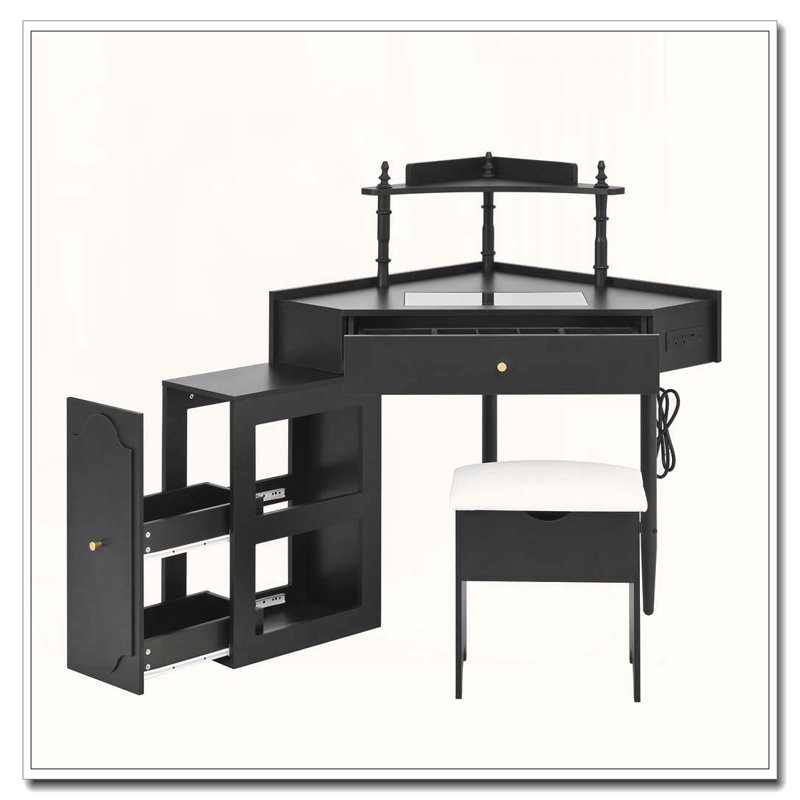 Corner Vanity Desk Set with Storage Stool and Charging Station, Black