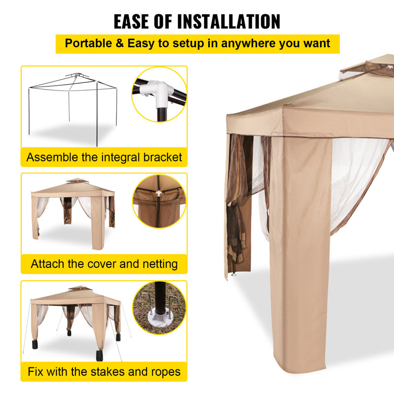 10 x 10 ft Beige Steel Frame Patio Gazebo with Netting