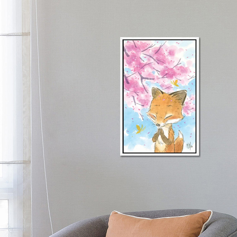Cherry Blossom Fox by Martin Hsu - Painting on Canvas, White Framed, 66.04 cm H x 45.72 cm W