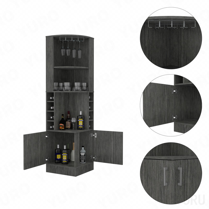 Armoire de coin, 8 casiers à bouteilles, 2 portes, 2 tablettes ouvertes pour le repas - chêne fumé