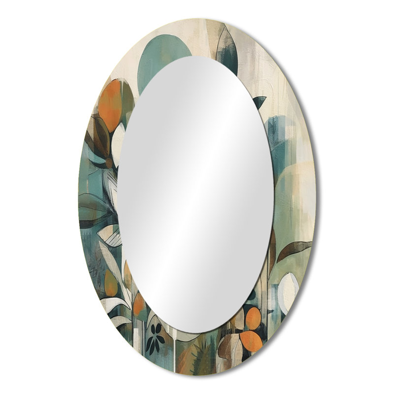 Orange And Green Abstract Bohemia III - Geometric Oval Decorative Mirror On Metal, 36" x 24"