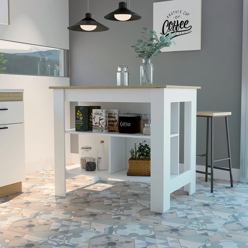 Îlot de cuisine, quatre pieds, trois tablettes, Blanc, Naturel