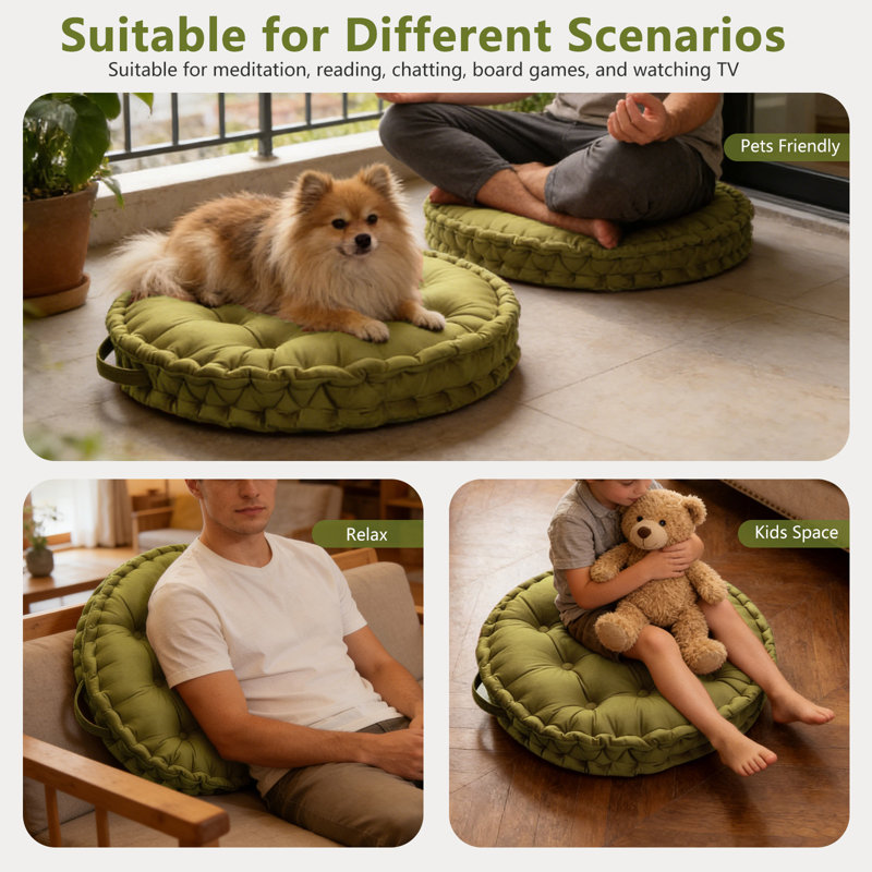 23.6" Round Solid Meditation Cushion, Thick Floor Pillow for Yoga & Tatami, Green