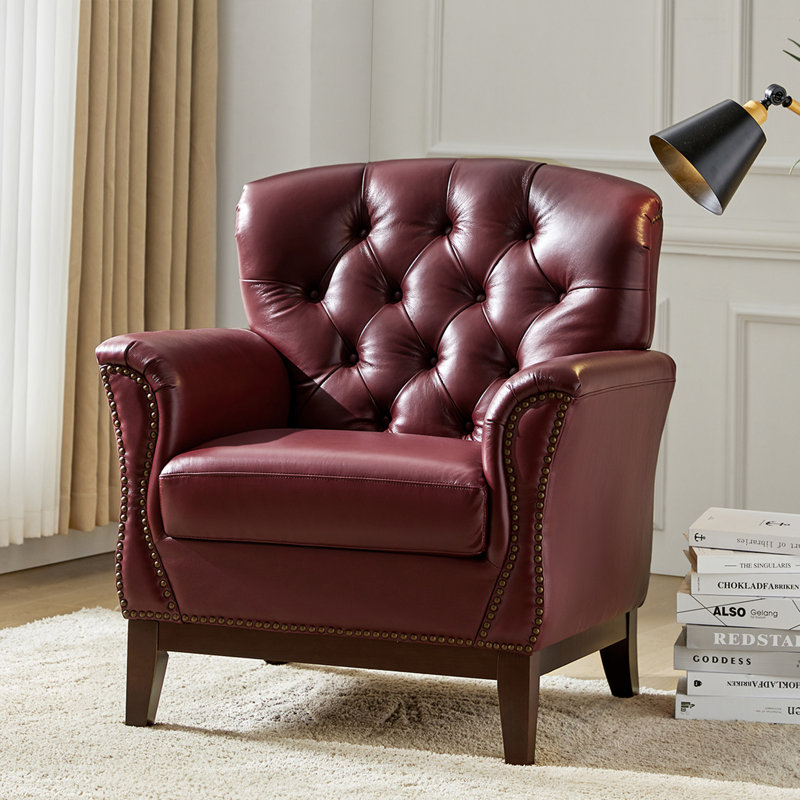 Chaise en cuir véritable Nariana avec pieds en bois massif, Cuir véritable bourgogne