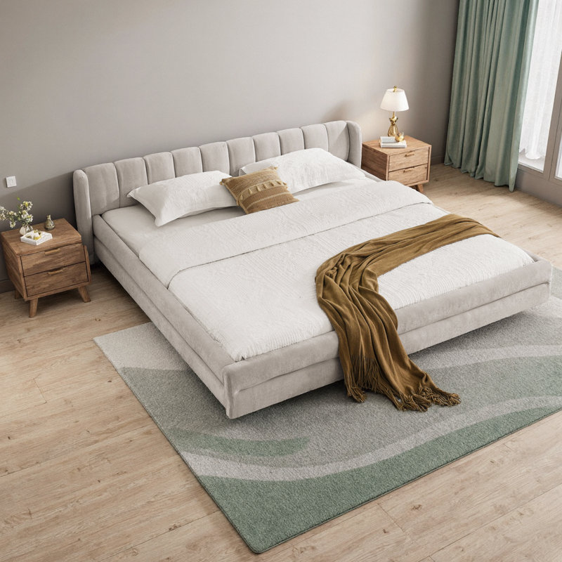 Structure de lit tapissier très grand avec tissu en chenille de luxe et tête de lit - Centre de table beige moderne (88 po x 87 po x 23 po)