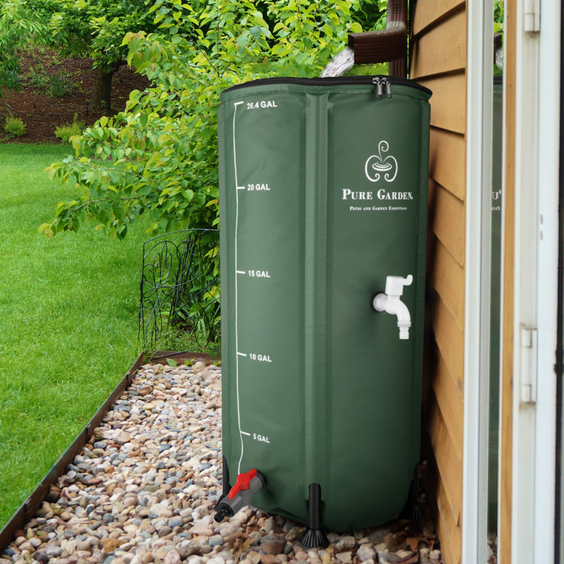 Ensemble de tonneau de pluie pliable - Réservoir d'eau pliable portatif 100 gallons / 380 L - Système de collecte de pluie en PVC avec filtre, robinet, soupape de sortie, robinet de débordement et tuyau (vert)