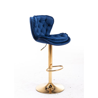 2 tabourets de bar pivotants et réglables en hauteur, velours bleu marine avec pieds dorés, repose-pieds et base, 2 tabourets rembourrés de mousse, + hauteur réglable, siège