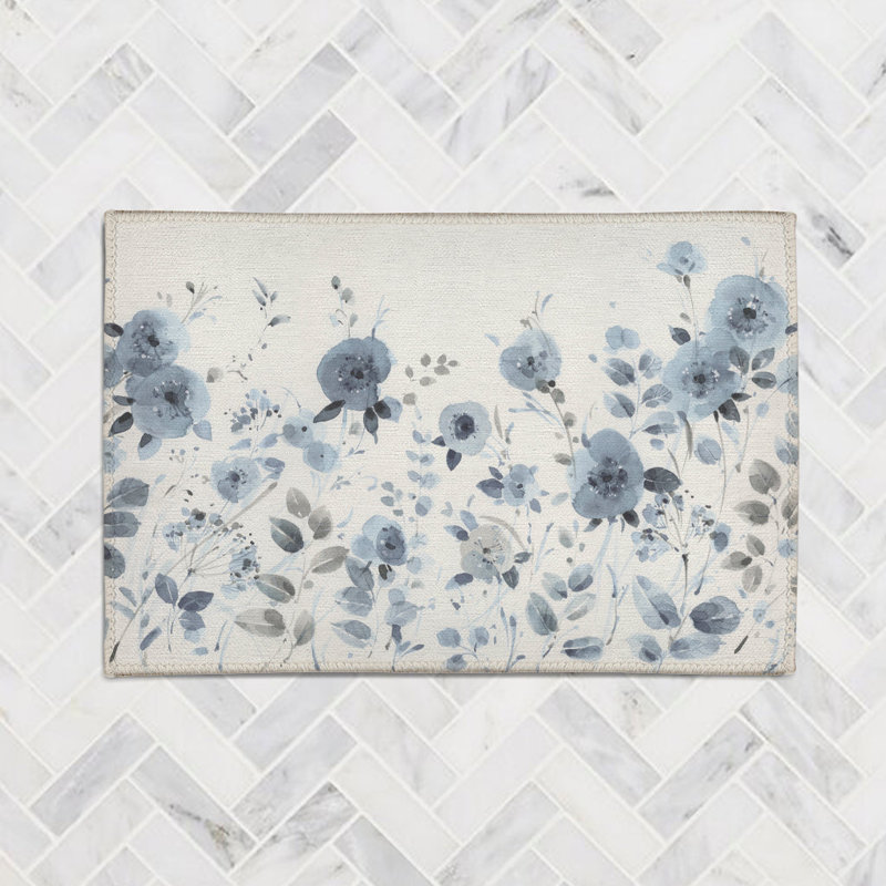 Tapis floral bleu / blanc tissé à la machine Dancing Flowers, Rectangle 4pi x 6 pi