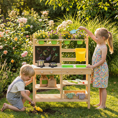 Kids Mud Kitchen, Wooden Outdoor Play Kitchen with Planter Box, Chalkboard, Sink, Stoves, Storage Shelves, Kitchenware & Garden Tools, Pretend Play Outdoor Toys Gifts for Age 3-6, Natural