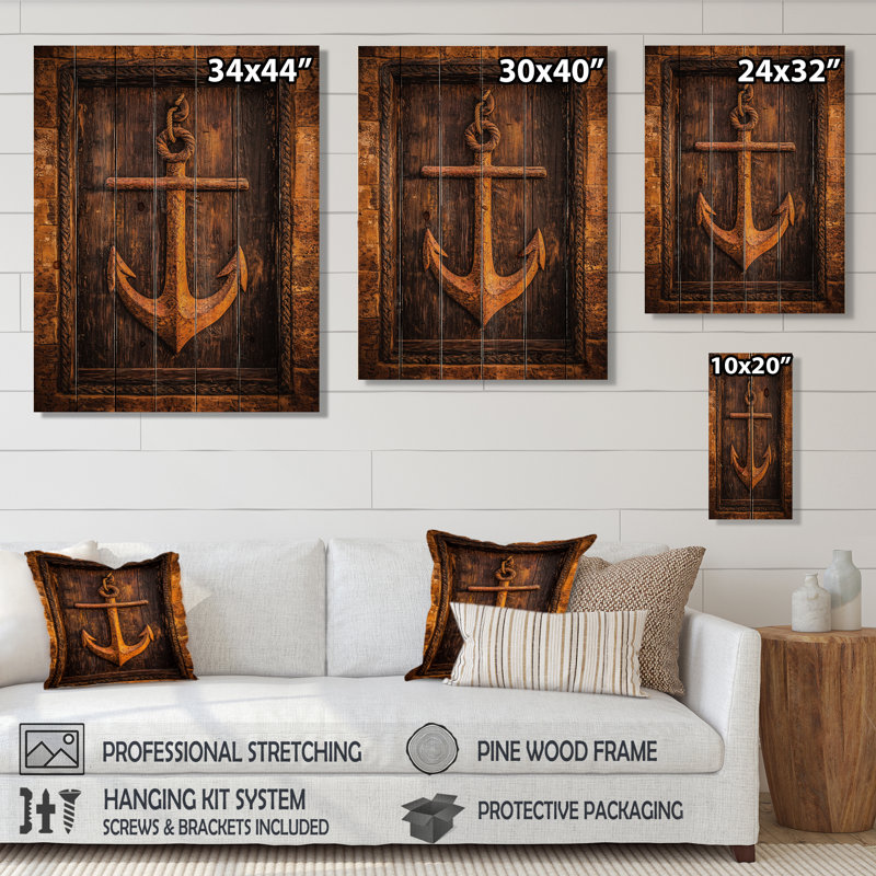 Rustic Anchor Rope On The Pirate Door - Coastal Wood Wall Decor On Natural Pine Wood, 32" H x 24" W