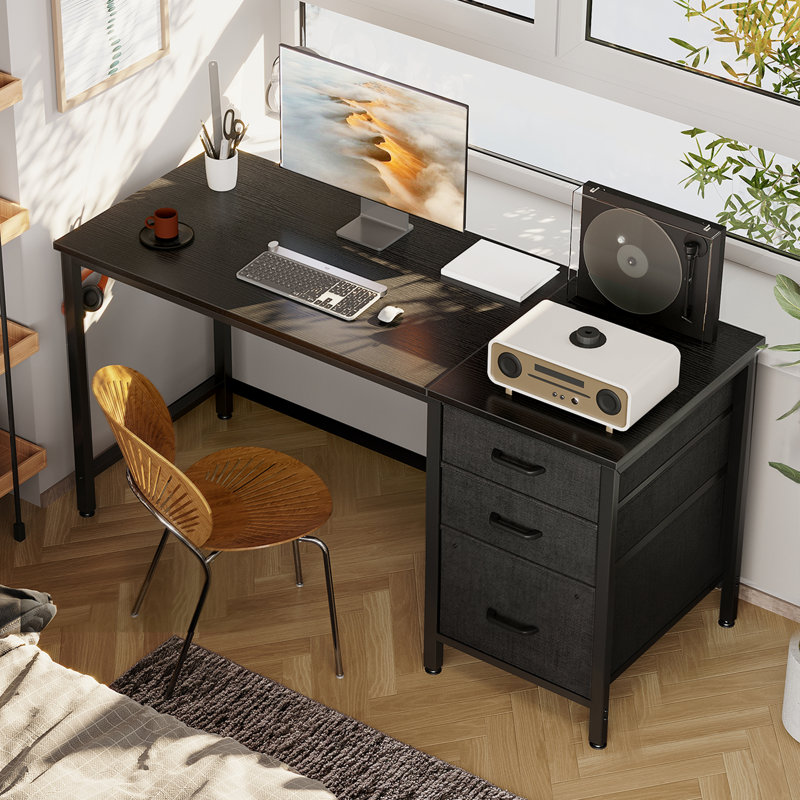 Bureau réversible 48 po à 3 tiroirs avec crochets, bacs de rangement en tissu pour bureau personnel, noir, Noir