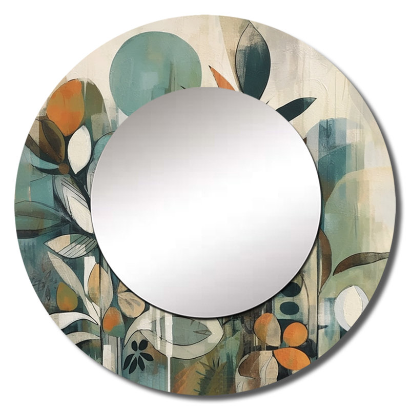 Omaya Orange And Green Abstract Bohemia III - Boho Feather Mirror, Orange Round Unique Wall Mirror, Printed Metal Art