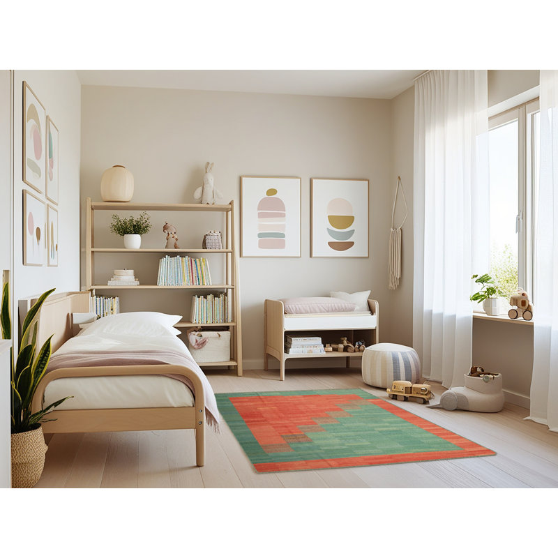 Tapis de zone verte/orange contemporaine, Rectangle 3 pi x 5 pi