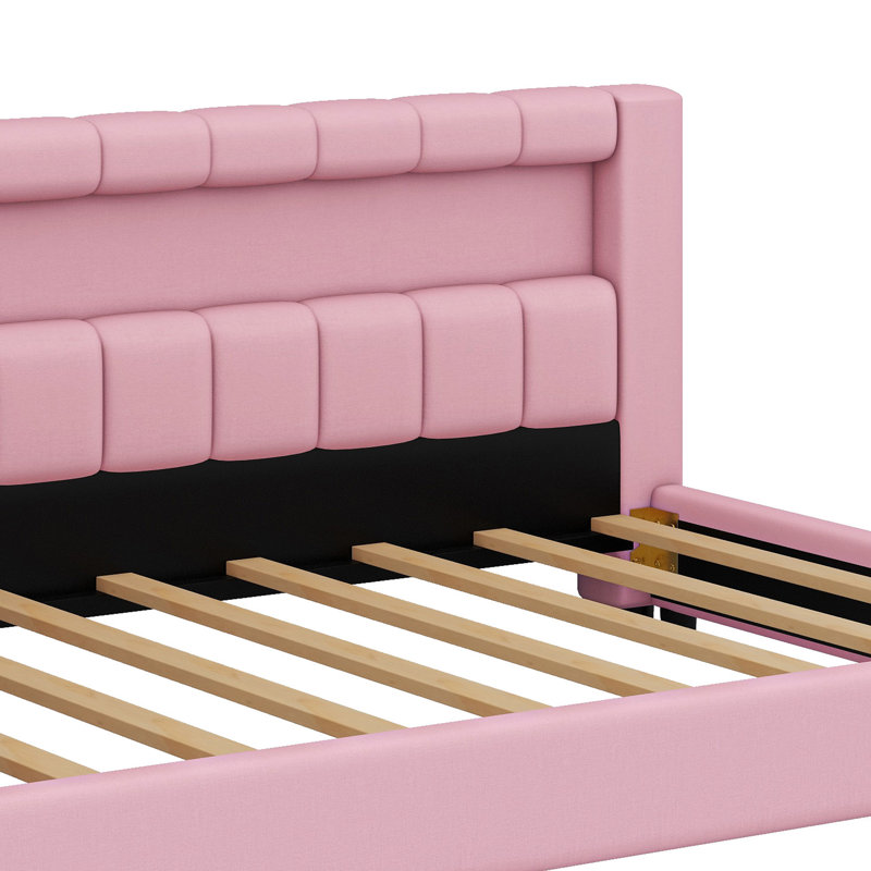 Lit contemporain à profil bas avec ports USB intégrés et bande décorative à DEL, Rose