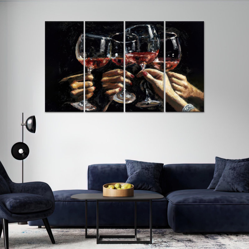 «Wine Glasses Toast», reproduction de toile élégante sur toile tendue 4P, H : 43,3 x L : 78,7 pouces