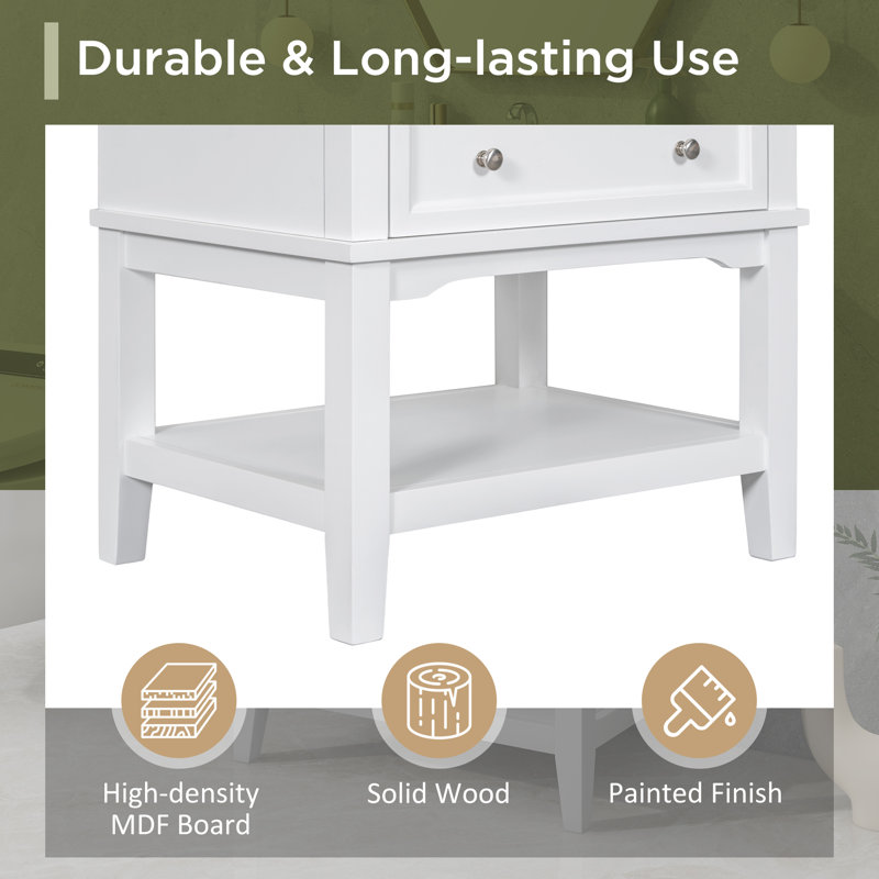 Meuble-lavabo 24 po avec lavabo, structure en bois massif, armoire de rangement blanche avec tiroir et tablette ouverte 24 po
