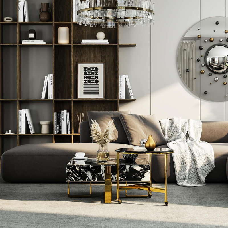Table basse 31,8 pouces en faux marbre avec base polie, Noir, Doré