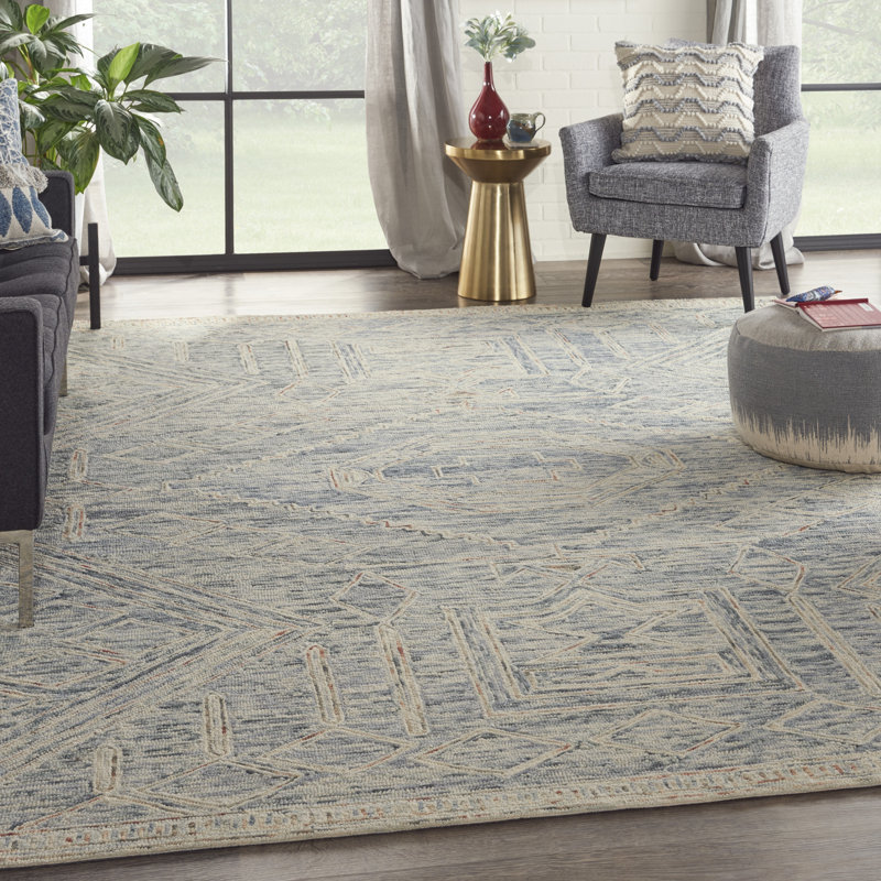 Tapis bleu éclectique fait à la main Jodie, Rectangle 8 pi x 10 pi 6 po