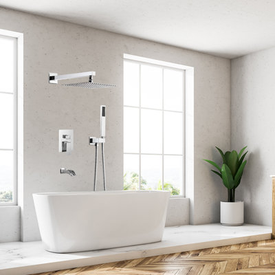 12 Inch Shower Faucet Waterfall Tub Complete With Spout Set Rainfall Square Luxury System Mixer Pressure Balancing 3-Function Wall Mount Rough-In Valve Body And Trim Included